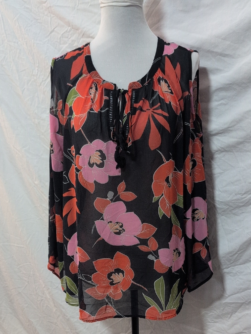 Black Rainn Floral Tie-Neck Blouse with Pink & Orange Blooms